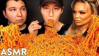 ASMR NUCLEAR FIRE NOODLES with NIKOCADO AVOCADO amp TRISHA PAYTAS No Talking MUKBANG [upl. by Rabma]