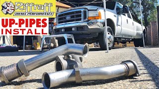 2001 F350 73  RiffRaff UpPipes Install  Stock up pipes leaking and falling apart JUNK SP [upl. by Imoian]